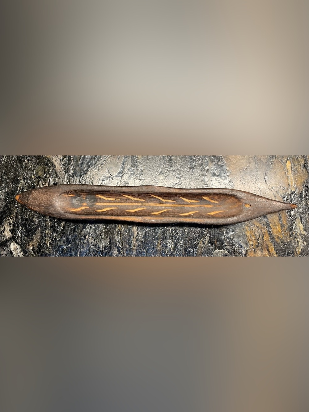 Handcrafted Dark Brown Wood Incense Holder with Carved Leaf Inlay